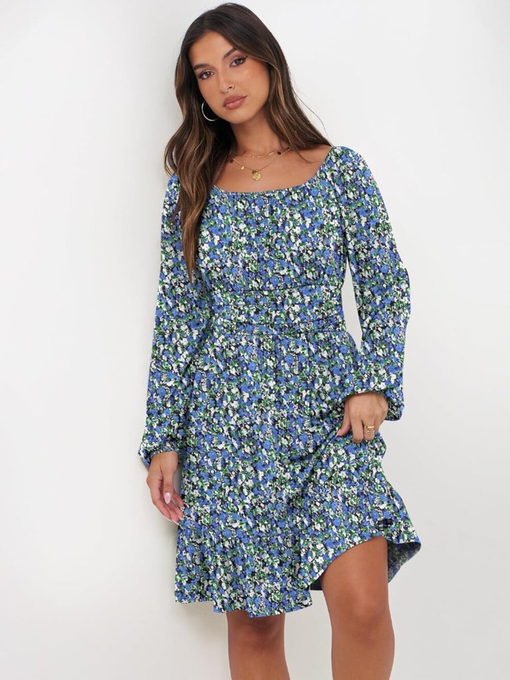 Women's Blue Black Long Lantern Sleeve Ruffle Flowy Swing A-Line Short Dress - Picture 4 of 6
